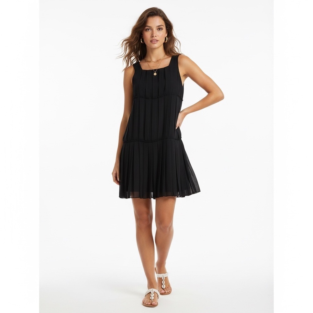 Ted Baker Black Tiered Pleated Chiffon Mini Dress 1 (US Size 4) LBD zip up flowy